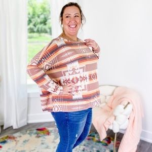 Southwestern Design Round Neck Long Sleeve Top